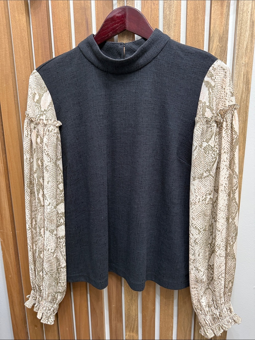 Current Air Black Mock Neck Top with Cream Snake-Print Balloon Sleeves